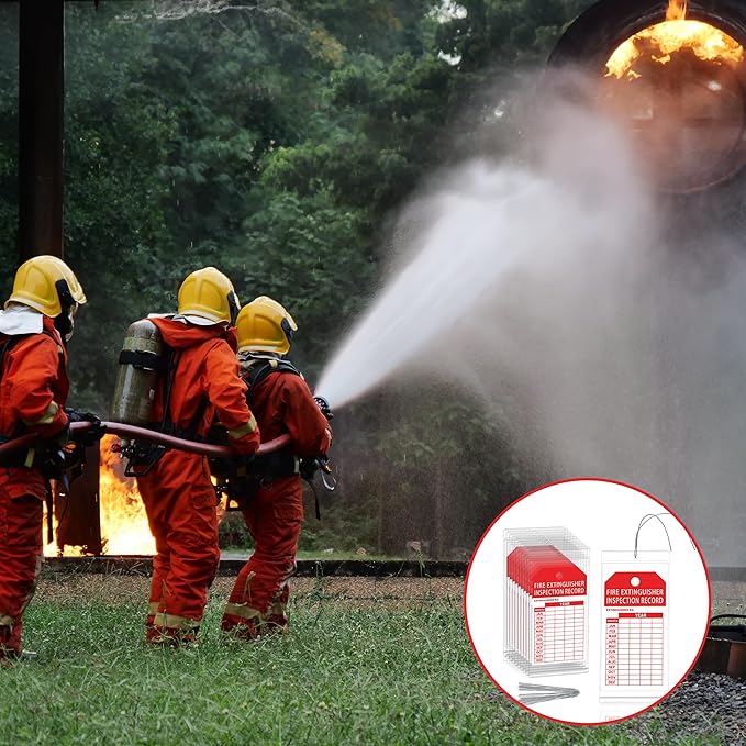 25 Fire Extinguisher Inspection Tag Plastic Cover 3.4 x 7.3 Inch Service Record Tags Fire Extinguisher Tamper Seal with Fire Tags and Iron Wire Resealable Waterproof for Indoor and Outdoor (25)
