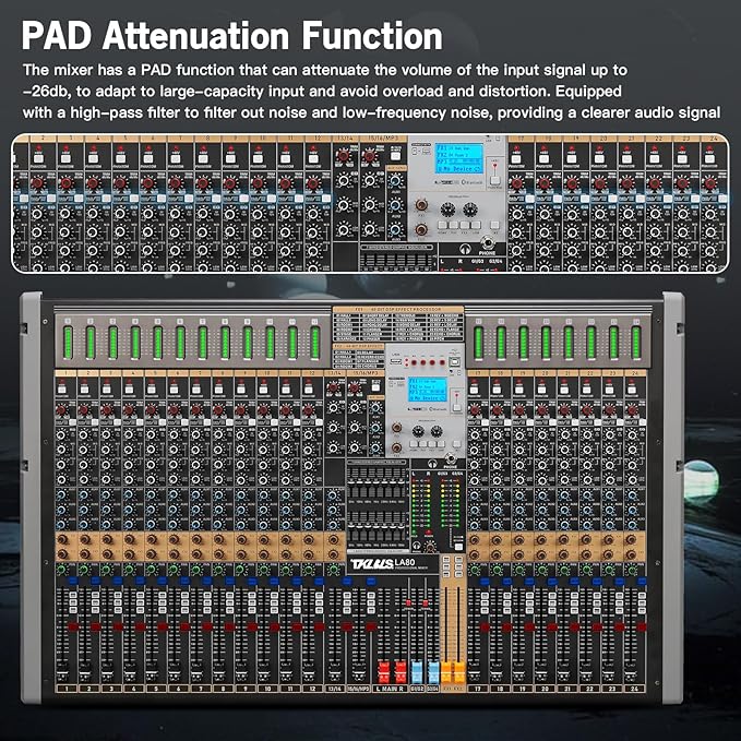 Professional Audio Mixer, 24 Channel Sound Board Mixing Console, Dual DSP Reverb, Dual 7-Band EQ, 48V Phantom Power, 4 Group Stereo Output Input, Mixer for Church