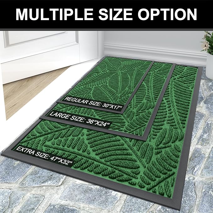 Colorxy Waterproof Doormat, Sturdy Natural Rubber Front Indoor Mat, Non Slip Low Profile Indoor Outdoor Door Mats, Stain and Fade Resistant Floor Mat, Easy Clean Patio Entrance Mat, 30''x17'', Green