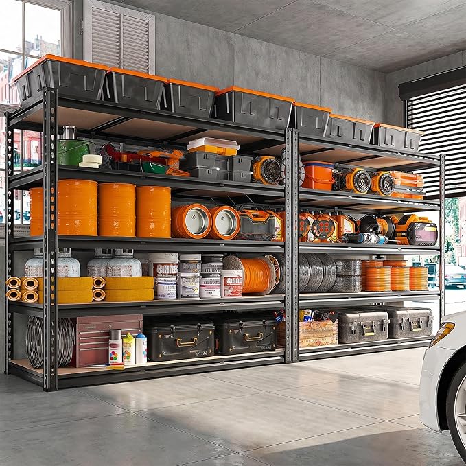 REIBII 48" W Garage Shelving 3020LBS Storage Shelves 5 Tier Industrial Shelving Adjustable Metal Storage Shelves for Garage, Basement, Warehouse, Commercial, Easy Assemble, 48" W x 72" H x 24" D