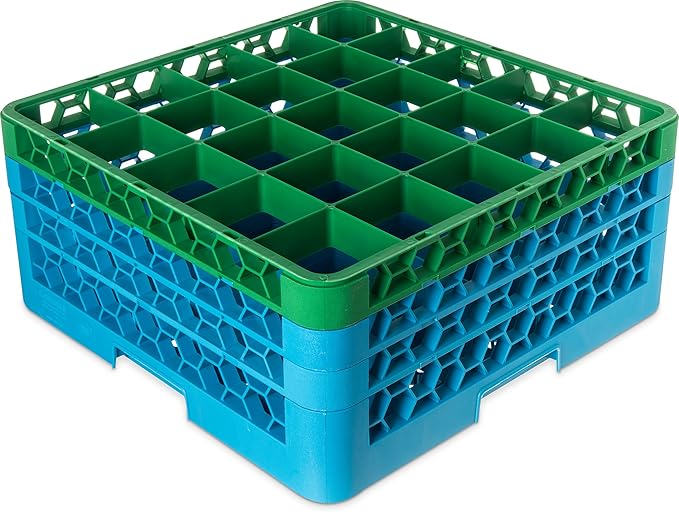 CFS RG25-3C413 OptiClean 25 Compartment Glass Rack with 3 Extenders, 8.72", Polypropylene, green/CFS Blue