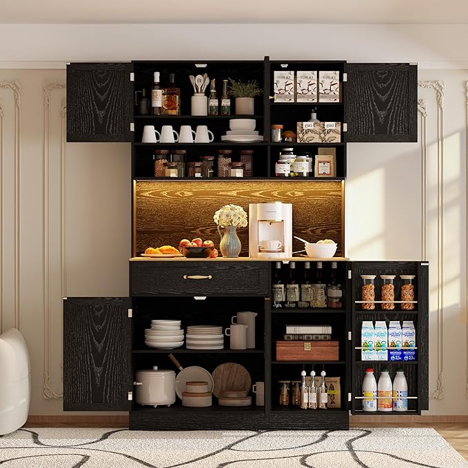 72" Kitchen Pantry Cabinet with LED Light and Charging Station Tall Pantry Storage Cabinet with Adjustable Shelves and Door Shelves Modern Kitchen Hutch with Countertop Black