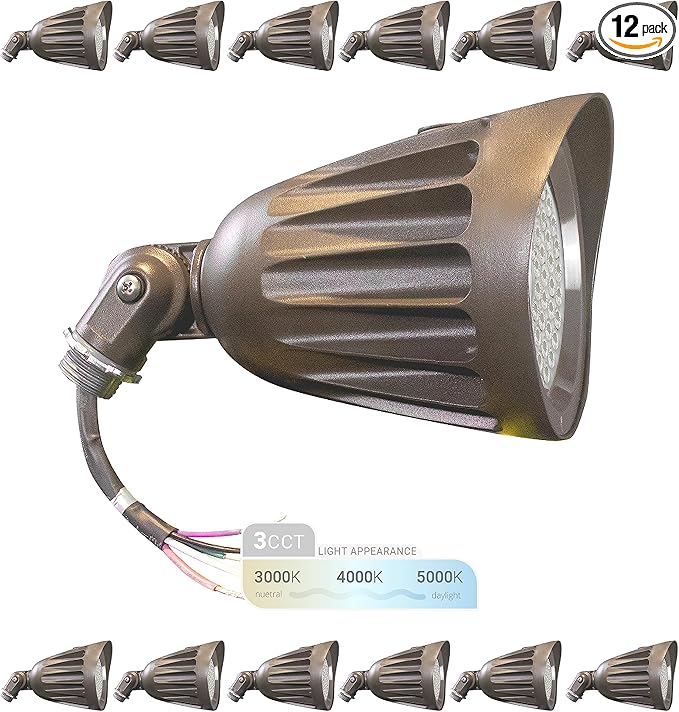 NUWATT 25W LED Bullet Spot Light for Outdoor Landscapes, 3500 LM Bright Illumination for Yard, 3000K/4000K/5000K Selectable, 1/2" Knuckle Mount, 120-277V Waterproof Flag Pole Light (12-Pack)