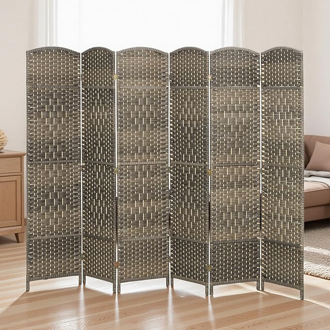 HOMCOM 6 Panel Room Divider, 6' Tall Folding Privacy Screen, Woven Freestanding Wall Partition for Home Office, Bedroom, Dark Rustic Oak