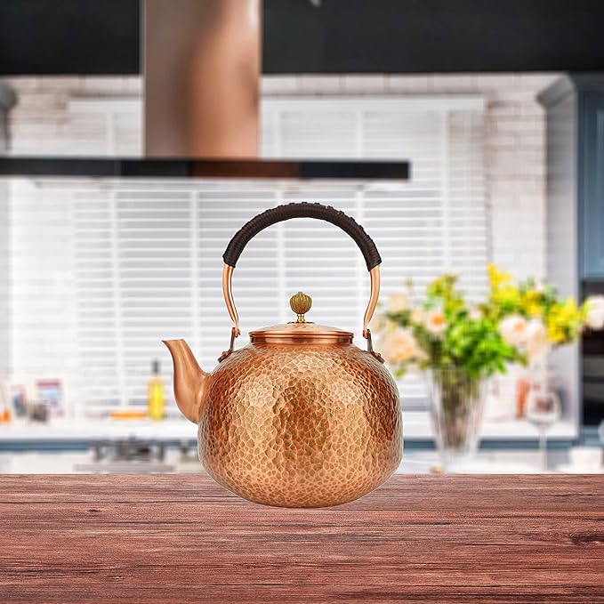 Funmaker Handmade Solid Copper Tea Pot Kettle Stovetop Teapot Thick Hammered Copper Tea Pot Kettle Stovetop Teapot Made for gasstove tops pure copper kettle (Type 7-2200ml)