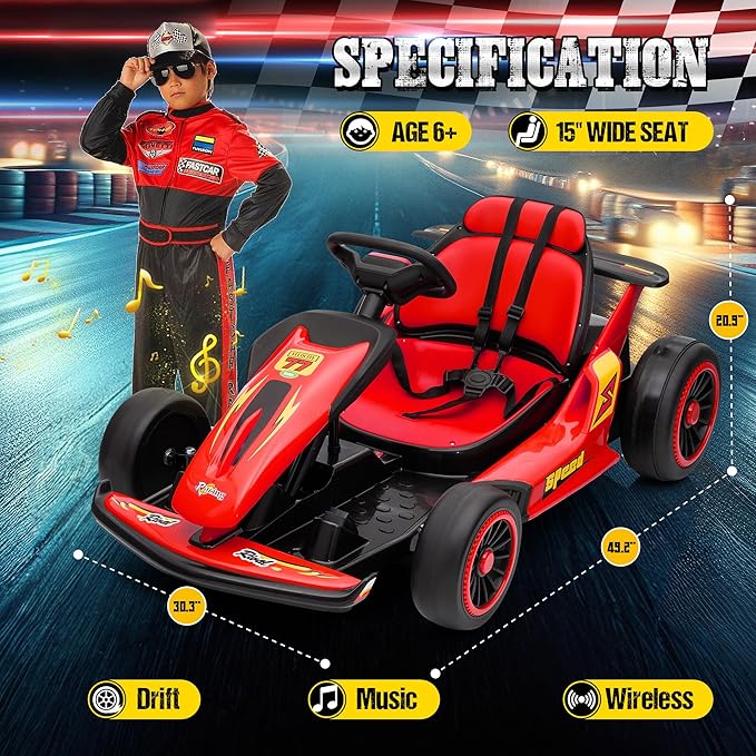 24V Electric Go Kart for Kids, Drift Kart with 400W Motors, EVA Tires, Max Speed 8.1 MPH, Music, Wireless, Electric Drifting Cart Outdoor Ride on Toy for Kids Ages 6+ (Red)