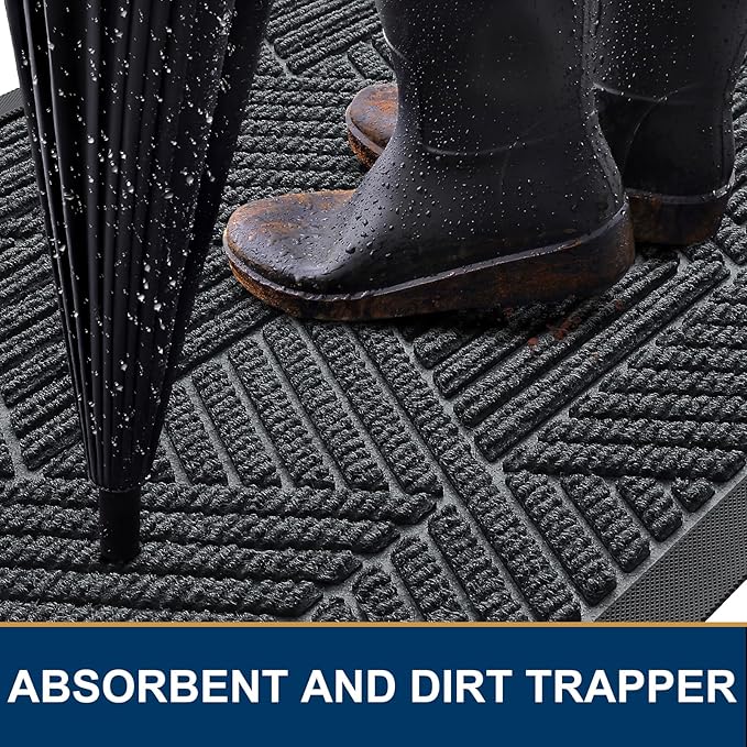 Smiry Front Door Mat Outside Entrance, Heavy Duty Sturdy Natural Rubber Doormat, Trap Dirt and Moisture, Easy Clean Low Profile Mats for Indoor Outdoor Entry, Irregular Triangle (29.5x17, Grey)