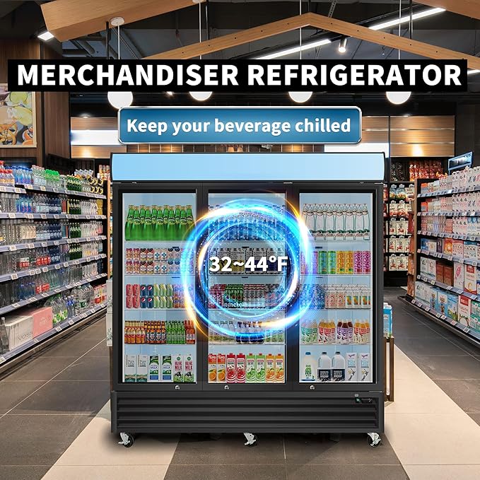 mikibama Glass Door Commercial Refrigerators, 70 Cu.ft Reach-In Display Refrigerator with LED Top Panel Upright Beverage Storage (Refrigerator-3 door)