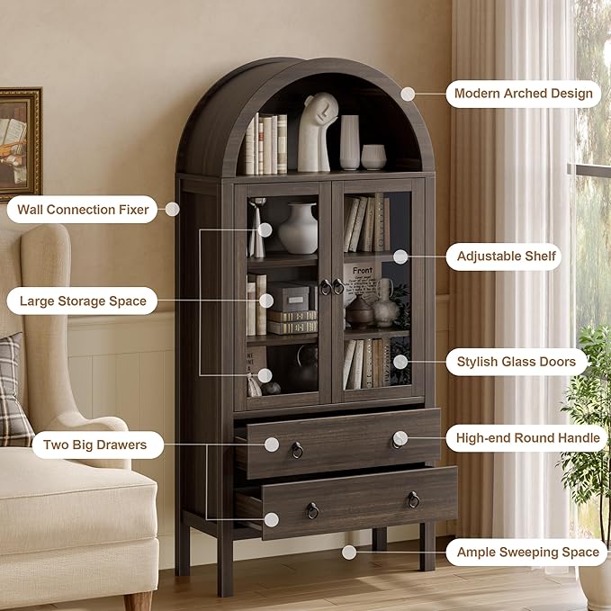 Arched Cabinet, 71" Tall Wooden Storage Cabinet, Arched Bookshelf with Glass Doors and Drawer for Living Room, Kitchen, Dining Room (Taupe Brown)
