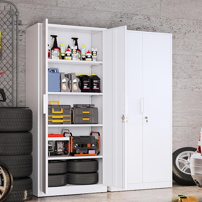 71" H Metal Garage Storage Cabinets with Adjustable Shelves,Steel Tall Cabinets with 2 Lockable Doors,Kitchen Pantry Cabinet,Metal Cabinet for Home/Office/Warehouse,White