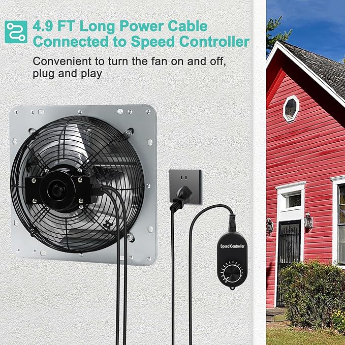 12 Inch Shutter Exhaust Fan with Speed Controller and Power Cord, Wall Mount Attic Fan for Greenhouses, Sheds, Garages, Chicken Coops, Barns Ventilation, 970 CFM