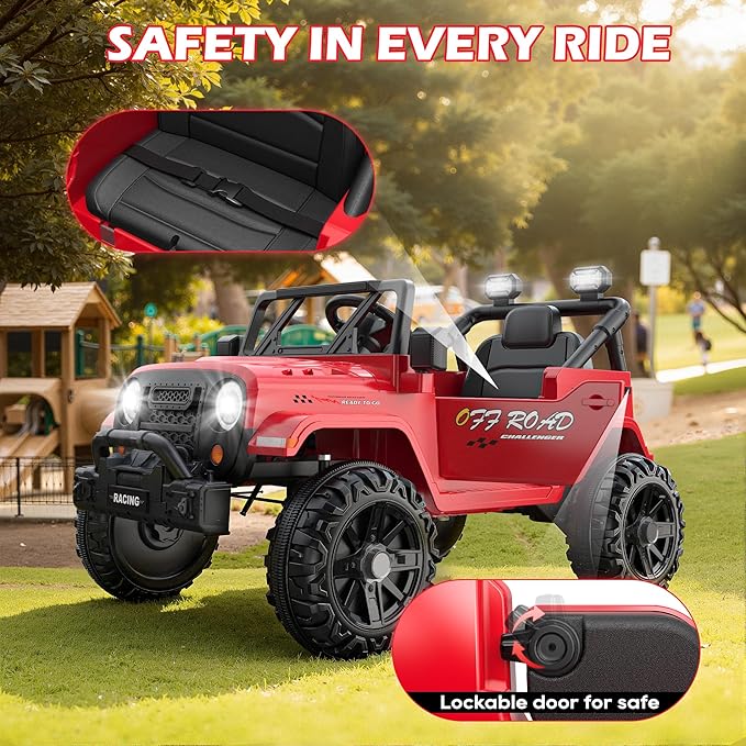 12V Ride On Truck Car with Remote Control, Kids Electric Vehicles with Bluetooth Music, Horn, 3 Speeds, 4 LED Lights, Soft Start, Ride on Toys for Toddler Boys & Girls (Red)