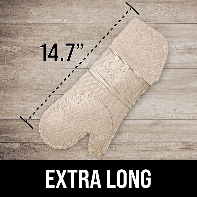 BPA-Free Silicone Oven Mitts Ultra Heat Resistant up to 500°F - Oven Mitts with Thick Cotton Liner - Long Slip Resistant Pot Holders, Flexible Oven Gloves - Beige 14.7