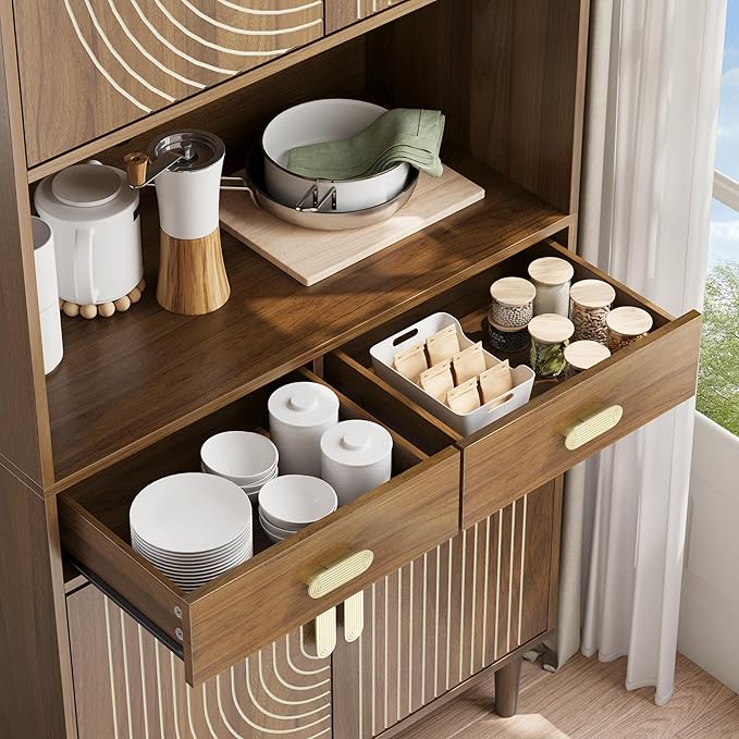 Smuxee 70.87" Walnut Kitchen Pantry Cabinet, Tall Food Pantry Cabinet with Line Groove Design, Kitchen Hutch with Microwave Stand for Dining Room, Living Room, Bar