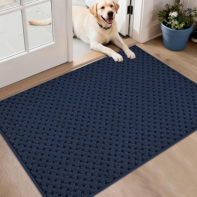 BEQHAUSE Dirt Trapper Door Mat Non-Slip Entryway Rugs Stain Resistant Absorbent Dog Doormats Woven-Look Washable Welcome Floor Doormat for Front Back Door, Muddy Wet Shoes & Paws, 32" x 48", Blue