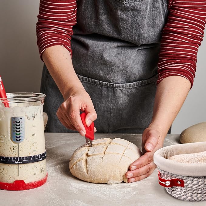KneadAce Sourdough Starter Kit – 34oz Starter Jar, 2 Cotton Rope Banneton Proofing Baskets, Magnetic Bread Lame for Scoring – Gift for Bakers & Complete Sourdough Bread Baking Set