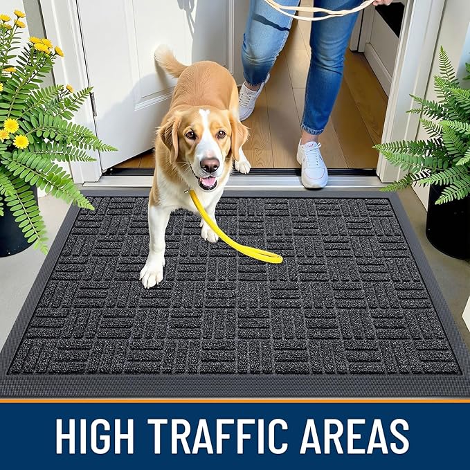 OLANLY Front Door Mat Outside Entrance 35x23, Absorbent, Heavy Duty Sturdy Natural Rubber Doormat Indoor Outdoor, Non-Slip, Stain and Fade Resistant, Low Profile Floor Mat for Entryway, Black Gray