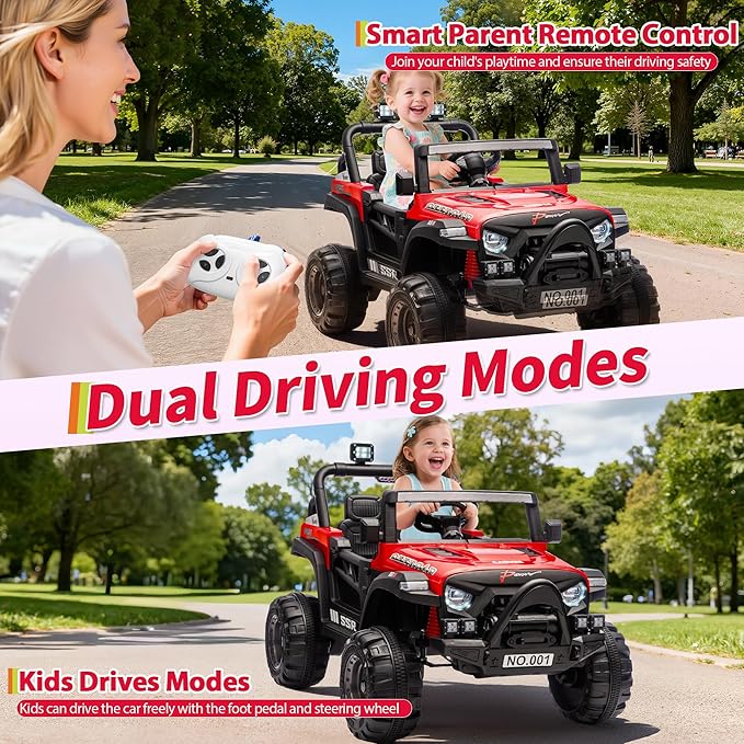 12V Kids Ride on Car, Electric Ride on Truck w/Parent Remote, Spring Suspension, Bluetooth Music, LED Light, 4.1Mph Max Speed, 3 Speeds, Battery Powered Vehicles for Kids Toddler Age 3-8, Red