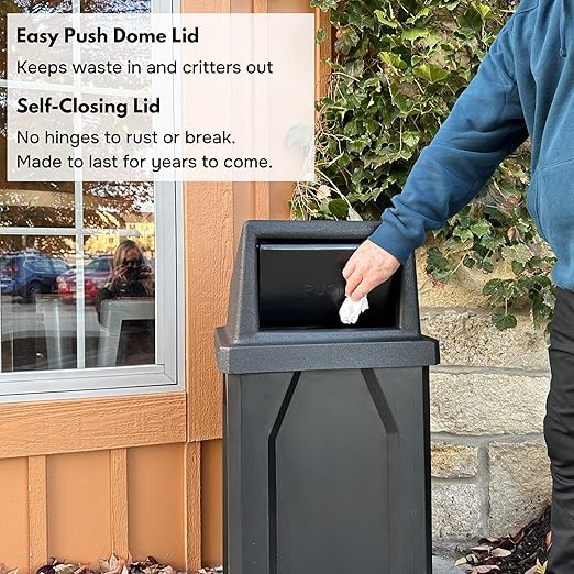 32 Gallon Square 100% Recycled Plastic Heavy Duty Indoor or Outdoor Commercial Trash Can with Push Lid | Great for Schools and Businesses - Black