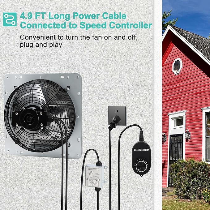 7 Inch Shutter Exhaust Fan, Wall Mount Attic Fan with Thermostat and Speed Controller for Greenhouses, Sheds, Garages, Chicken Coops, Barns Ventilation, 760 CFM