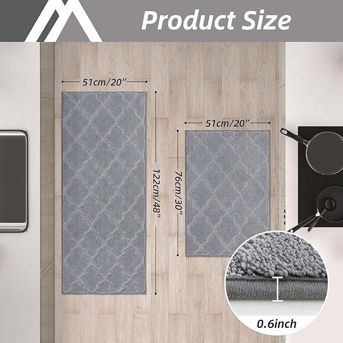 COSY HOMEER Soft Kitchen Rugs [2 PCS] for in Front of Sink Super Absorbent Kitchen Floor Mats and Mats 20x30 Inch/20X48 Non-Skid Kitchen Mat Standing Mat Washable,Polyester,Grey
