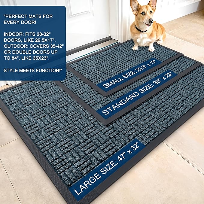 OLANLY Front Door Mat Outside Entrance 59x34, Absorbent, Heavy Duty Sturdy Natural Rubber Doormat Indoor Outdoor, Non-Slip, Stain and Fade Resistant, Low Profile Floor Mat for Entryway, Lake Blue