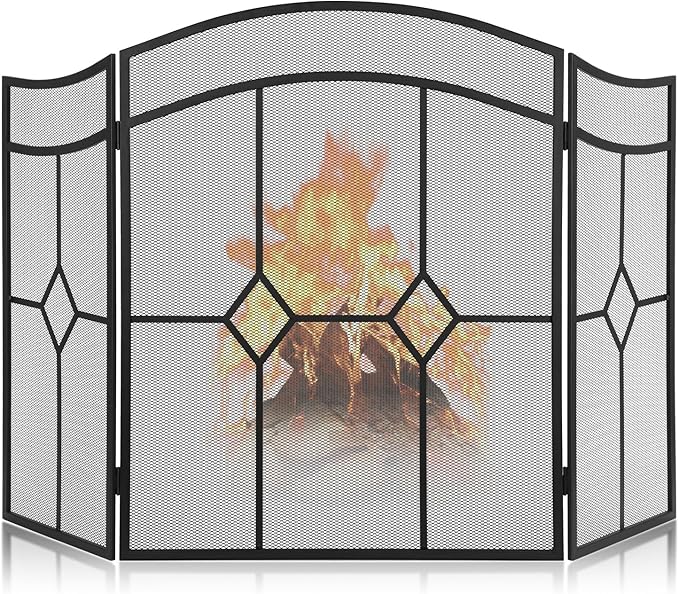 FEED GARDEN 3 Panel Fireplace Screen Wrought Iron 48" W x 30" H Foldable Heavy Duty Fire Spark Guard Cover with Metal Decorative Mesh for Living Room, Home Decor Indoor, Black