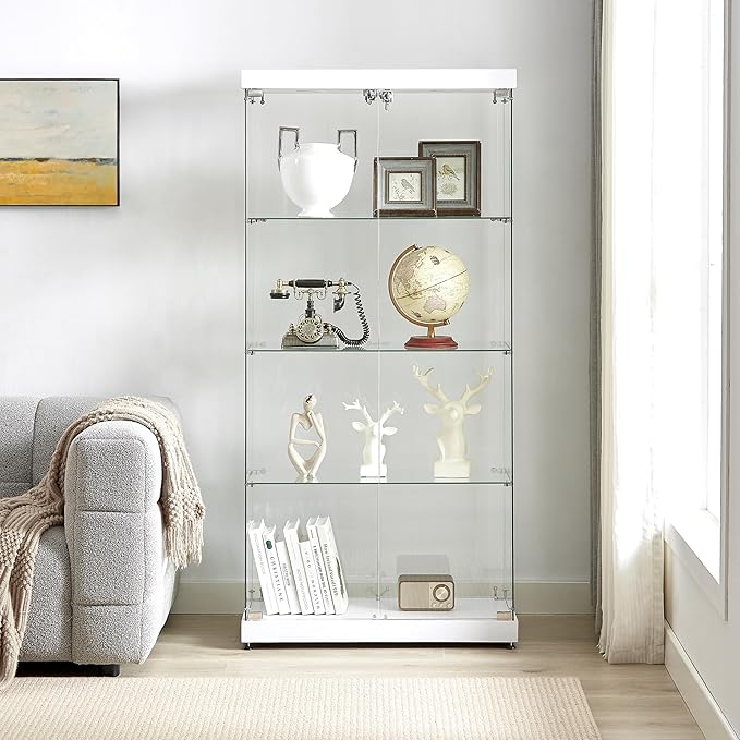 Yoluckea 4 Shelves Glass Display Cabinet with Light and 2 Doors, Floor Standing Clear Glass Curio Cabinet Collection Display for Living Room Bedroom 66.3” x 31.5” x 14.2” White