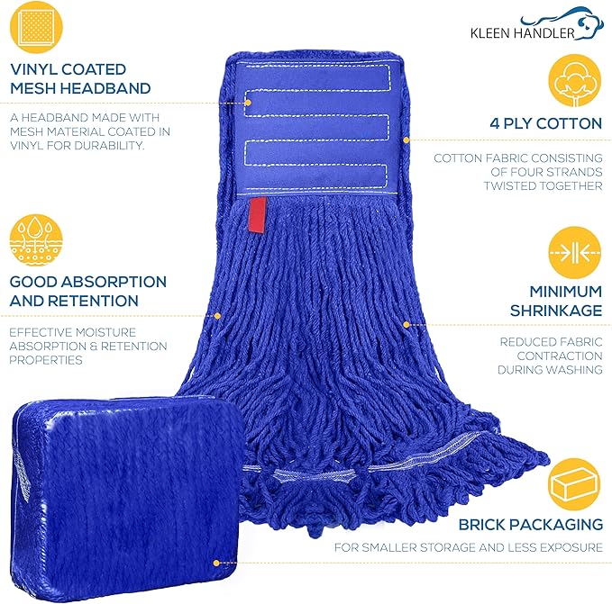 KLEEN HANDLER Blended Loop End Heavy Duty Mop Head Replacement, Wet Mop Refills for Industrial and Commercial Use, Dark Blue, 24 Oz (3-Pack)