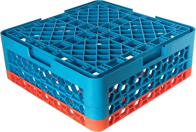 CFS RG9-2C412 OptiClean 9 Compartment Glass Rack with 2 Extenders, 7.12", Polypropylene, Orange/CFS Blue