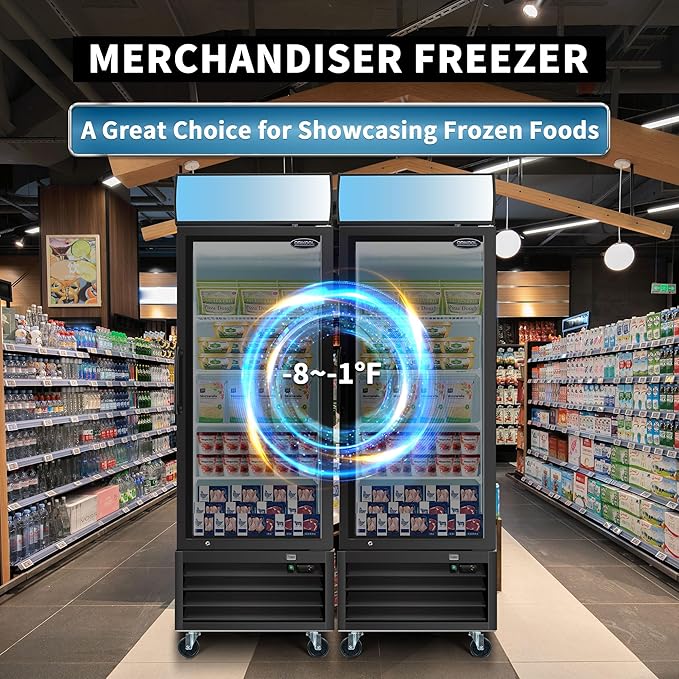 Glass Door Merchandiser Freezer 19.2 Cu.ft Swing Door Commercial Reach-In Display Freezers with LED Top Panel Upright Freeze Storage (1 Door)