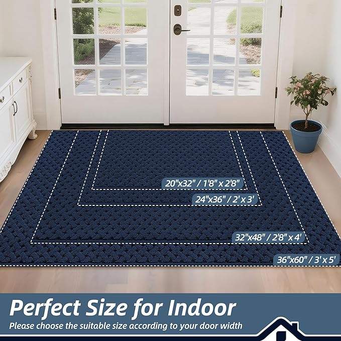 BEQHAUSE Dirt Trapper Door Mat Non-Slip Entryway Rugs Stain Resistant Absorbent Dog Doormats Woven-Look Washable Welcome Floor Doormat for Front Back Door, Muddy Wet Shoes & Paws, 20" x 32", Blue