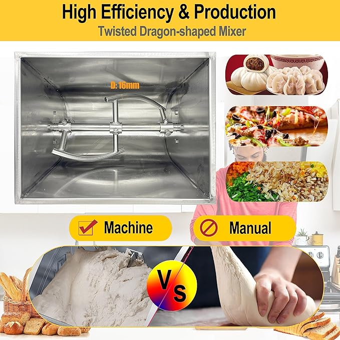 TECHTONGDA 110V Commercial Dough Mixer Machine 25KG Kneading Capacity Flour Mixer 2200W Pizza Dough Mixer with 304 Stainless Steel Bucket and Twisted Mixer for Professional Kitchen Equipment