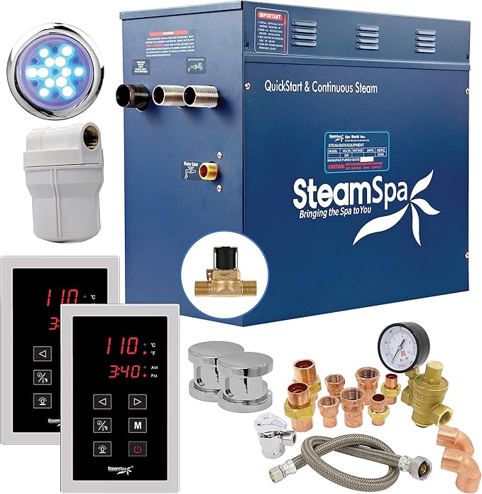 SteamSpa 10.5kW Steam Sauna Generator Executive Bundle 240V Steam Generator with Touch Pad, Steamheads, Pressure Relief Valve, Built-in Auto Drain, LED Light, Filter and Quick Install Kit EXT1050CH