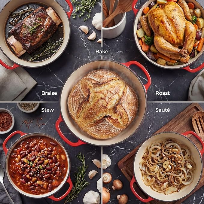 Zulay Kitchen 6 Quart Enameled Cast Iron Dutch Oven Pot with Lid – Premium Durability & Oven Safe up to 500°F – Heavy Duty Cookware Perfect for Bread Baking, Stews, Braising & Roasting – Red
