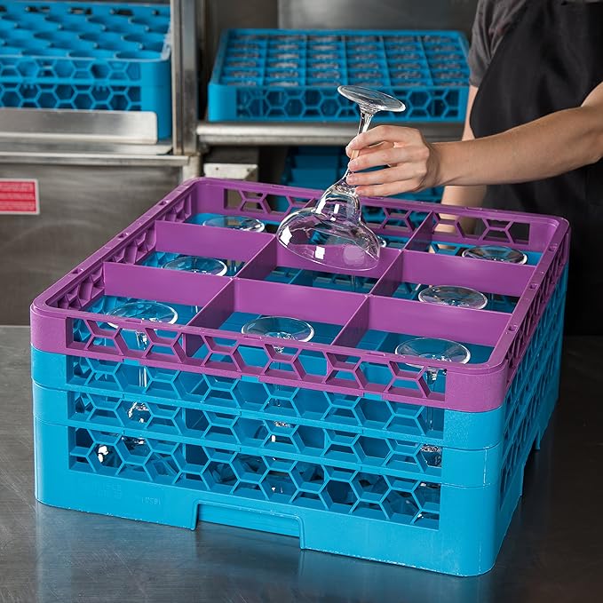 CFS RG9-3C414 OptiClean 9 Compartment Glass Rack with 3 Extenders, 8.72", Polypropylene, Lavender/CFS Blue