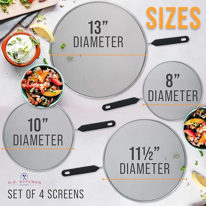 U.S. Kitchen Supply 4-Piece Stainless Steel Splatter Guard Set (13", 11.5", 10",8”) Fine Mesh Cover, Grease & Oil, Splatter Screen for Frying Pan, Cooking Pots, with Comfort Grip Handles