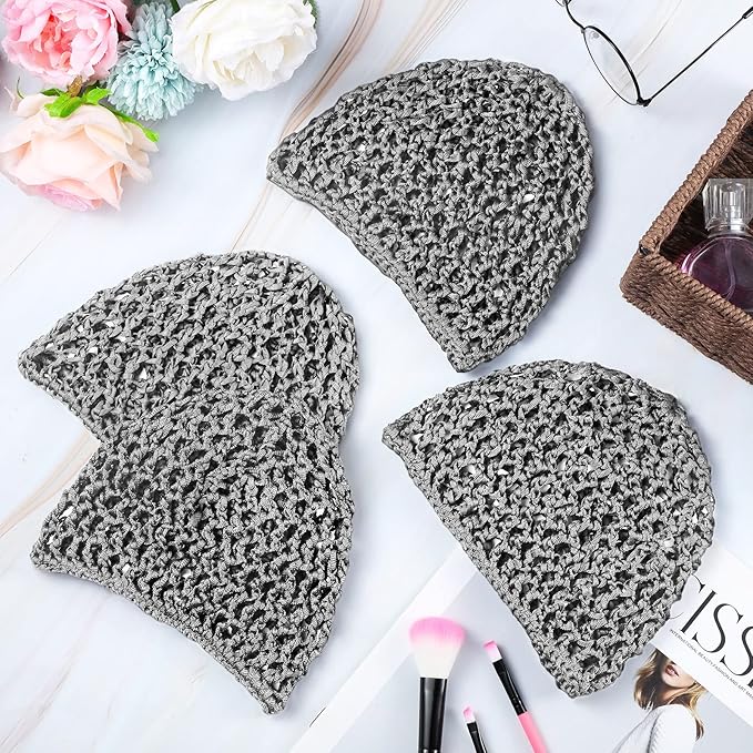 Geyoga 4 Pieces Mesh Crochet Hair Net Rayon Knit Snood Hat Thick Short Women Hairnet Snoods Cover Ornament for Sleeping (Gray)