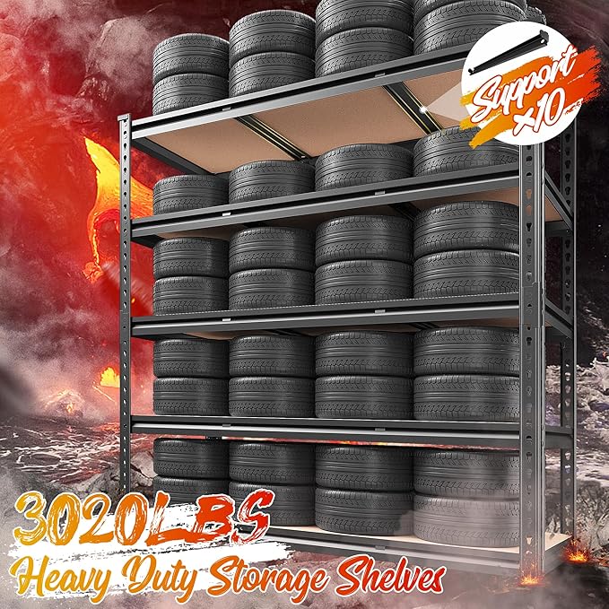 REIBII 48" W Garage Shelving 3020LBS Storage Shelves 5 Tier Industrial Shelving Adjustable Metal Storage Shelves for Garage, Basement, Warehouse, Commercial, Easy Assemble, 48" W x 72" H x 24" D