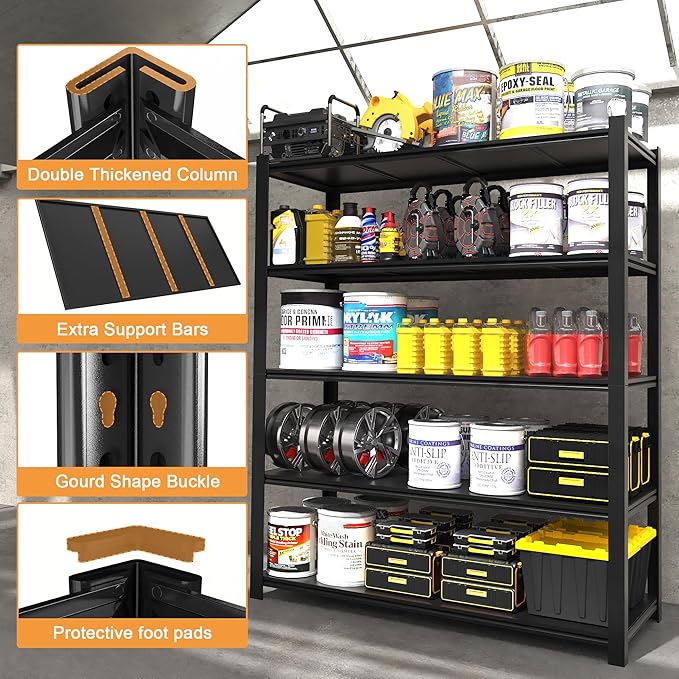 2PCS 47.2” W Metal Garage Shelving Units, 3000 LBS Storage Shelves Heavy Duty, 5 Tier Garage Shelf Rack, Adjustable Industrial Metal Shelving for Basement/Warehouse