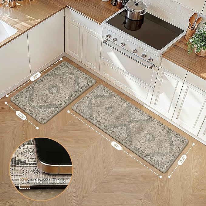 GENIMO Kitchen Mats for Floor, 2PCS Kitchen Rugs Non Slip Washable, Waterproof Anti Fatigue Mat, Comfort Standing Runner Rug for Sink, Office, Laundry, Home, 17.3"x47"+17.3"x30", Blush Camel