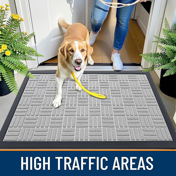 OLANLY Front Door Mat Outside Entrance 71x23, Absorbent, Heavy Duty Sturdy Natural Rubber Doormat Indoor Outdoor, Non-Slip, Stain and Fade Resistant, Low Profile Floor Mat for Entryway, Light Gray