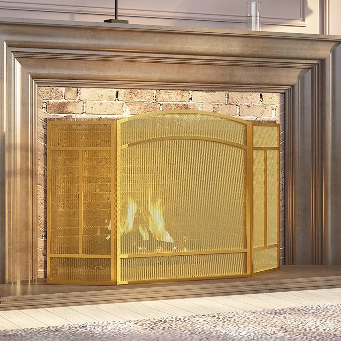 Fire Beauty Fireplace Screen 3 Panel Wrought Iron 48"(L) x 29"(H) Spark Guard Cover(Golden Dusting)