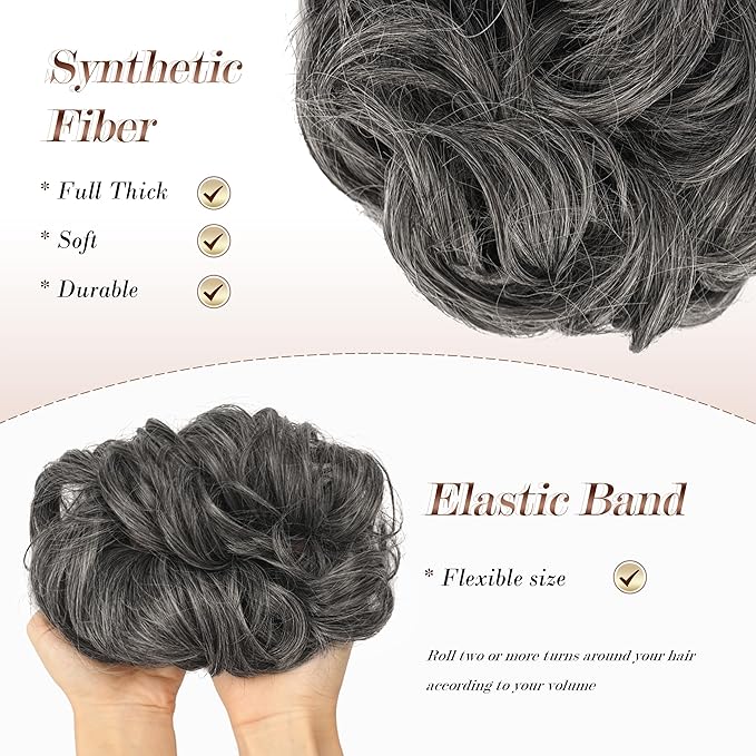 FESHFEN Large Messy Bun Hair Piece - Wavy Synthetic Chignon Scrunchies Elastic Ponytail Hair Extensions Thick Hairpieces for Women, Dark Salt and Pepper 1.94oz