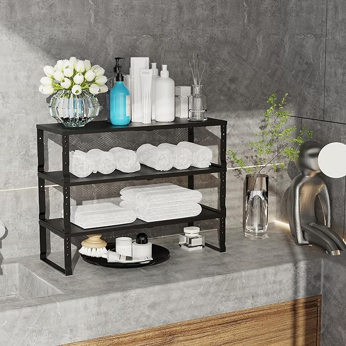 Expandable Adjustable Stackable Kitchen Organizer, Spice Rack,Metal Pantry Storage Shelves Racks,Counter Shelf for Cabinets, Countertop, Cupboard (3 Packs/Medium/Black)