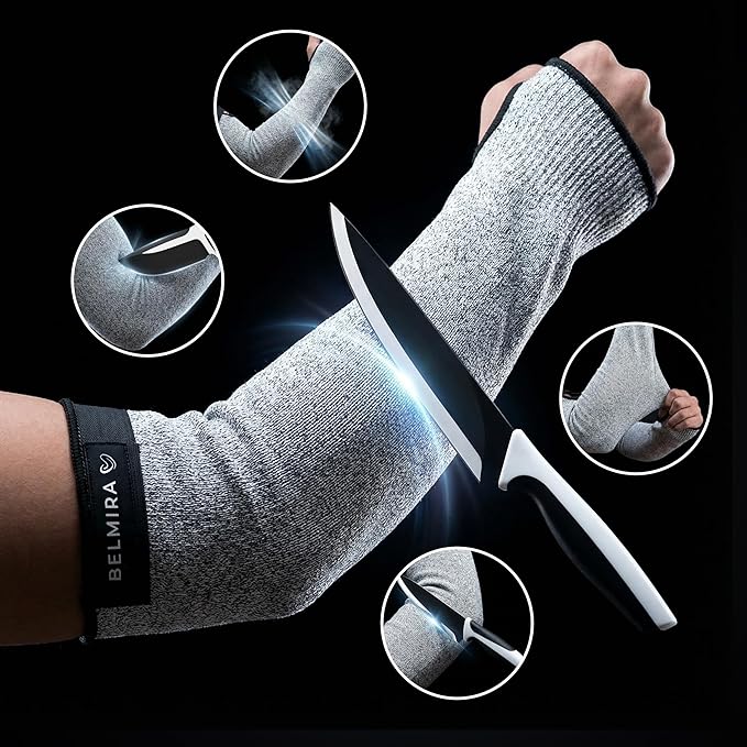 Belmira Cut Resistant Sleeves with Thumb Hole - ANSI A4 Arm Protectors for Thin Skin and bruising, Thorn Proof Gardening Sleeves for Men & Women With Adjustable Fit (1 Pair, 18", Grey)
