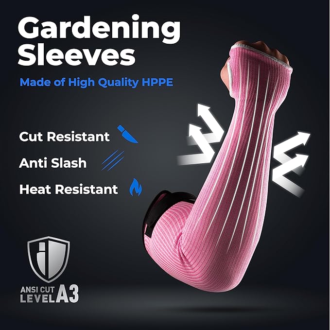 OriStout Cut Resistant Gardening Sleeves with Tumb Hole, Protective Arm Sleeves for Yard Work, Kitchen, Arm Guards for Biting, Pet Grooming, Gardening Gifts for Women, Pink & Green, 2 Pairs