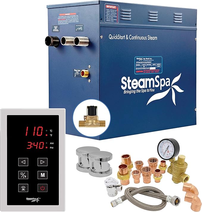 SteamSpa 10.5kW Steam Sauna Generator Premium Bundle 240V Steam Generator with Touch Pad Control, Steamheads, Pressure Relief Valve, Built-in Auto Drain and Plumber Quick Install Kit SS-PRT1050CH-A