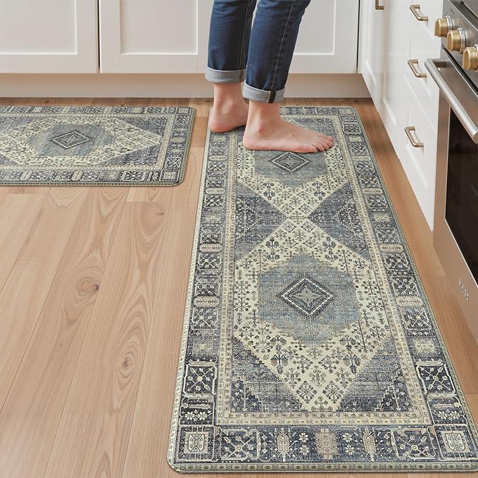 GENIMO Kitchen Mats for Floor 2PCs, Washable Anti Fatigue Mat for Cushioned, 17.3"x47"+17.3"x30", Waterproof Kitchen Rugs, Non Slip Comfort Standing Mat Rug for Home, Sink, Laundry, Vintage Blue