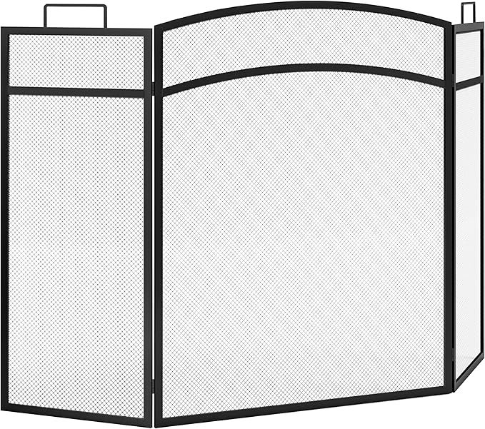 3 Panel Fireplace Screen 48" W x 29" H Modern Foldable with Wrought Metal Decorative Mesh,Arch Heavy Duty Fire Spark Guard Cover for Home Decor Indoor, Black